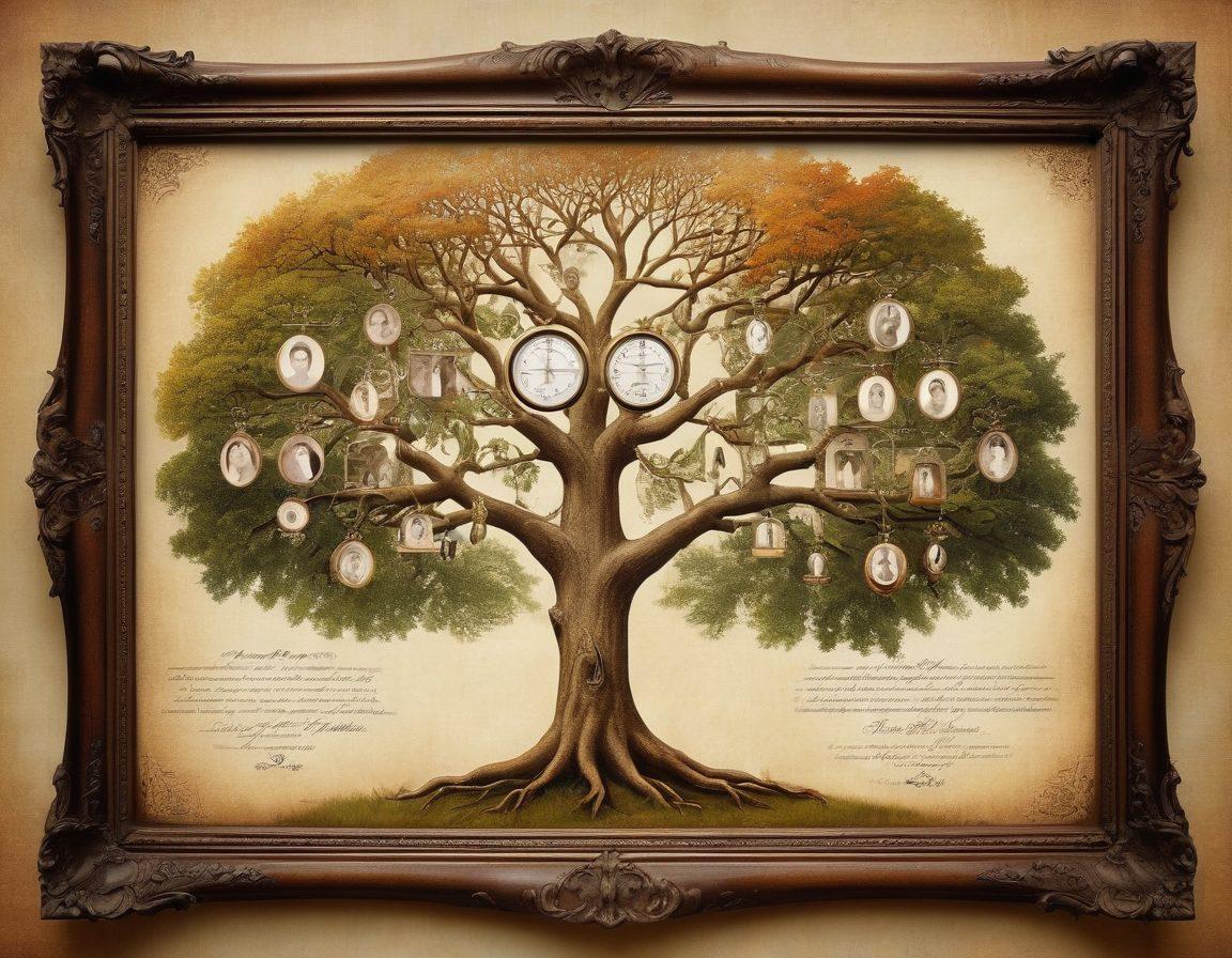 A beautifully detailed family tree showcasing the Fleischauer lineage, with intertwining branches and names elegantly inscribed. Incorporate vintage photographs of family members in ornate frames, set against a tranquil forest background symbolizing heritage. Emphasize a warm, nostalgic color palette to evoke a sense of history and connection. Include subtle symbols of ancestry such as a compass and old letters. vintage style. warm tones. intricate details.