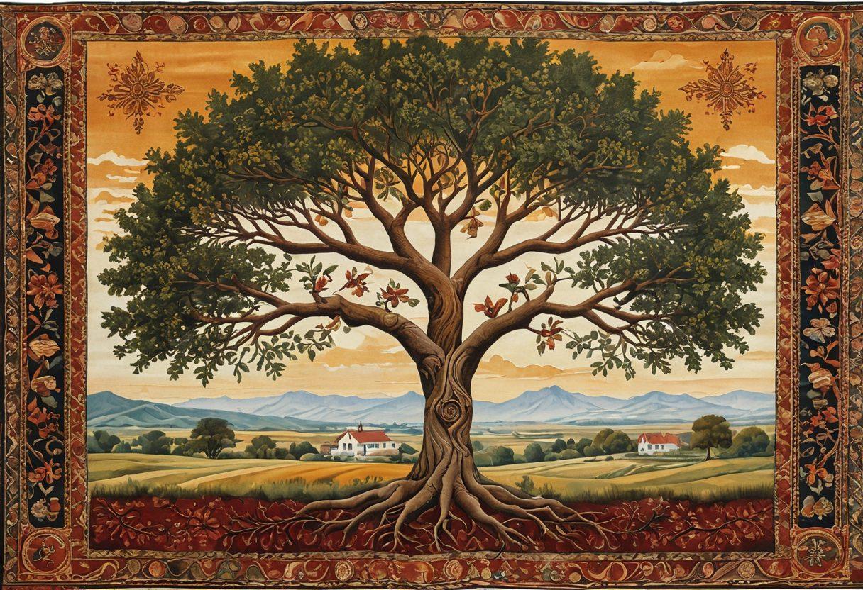 An intricate tapestry representing the rich Fleischauer heritage, featuring a tree with branches symbolizing family lineage, intertwined with traditional symbols and artifacts from the culture. In the background, a serene landscape reflecting the countryside where the traditions took root. A warm color palette to evoke nostalgia and connection. super-realistic. vibrant colors. soft focus.