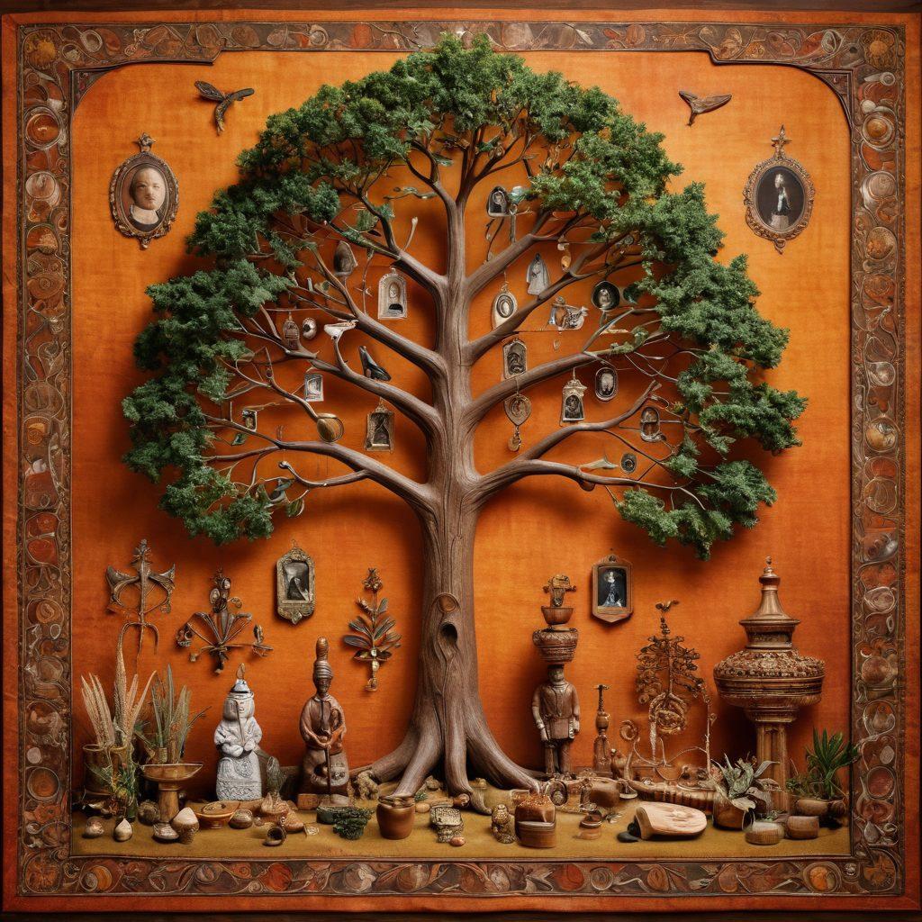 A beautiful collage showcasing the diverse heritage of the Fleischauer family, featuring traditional artifacts, a family tree, and photographs of different generations. The background should be a scenic landscape symbolizing growth and connection, with warm earthy tones and intricate patterns to represent the tapestry of their history. super-realistic. vibrant colors. 3D effect.
